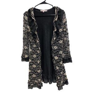 Young Essence Womens Black Floral Lace Cardigan‎ Small Fairy BOHO Ruffle Open
